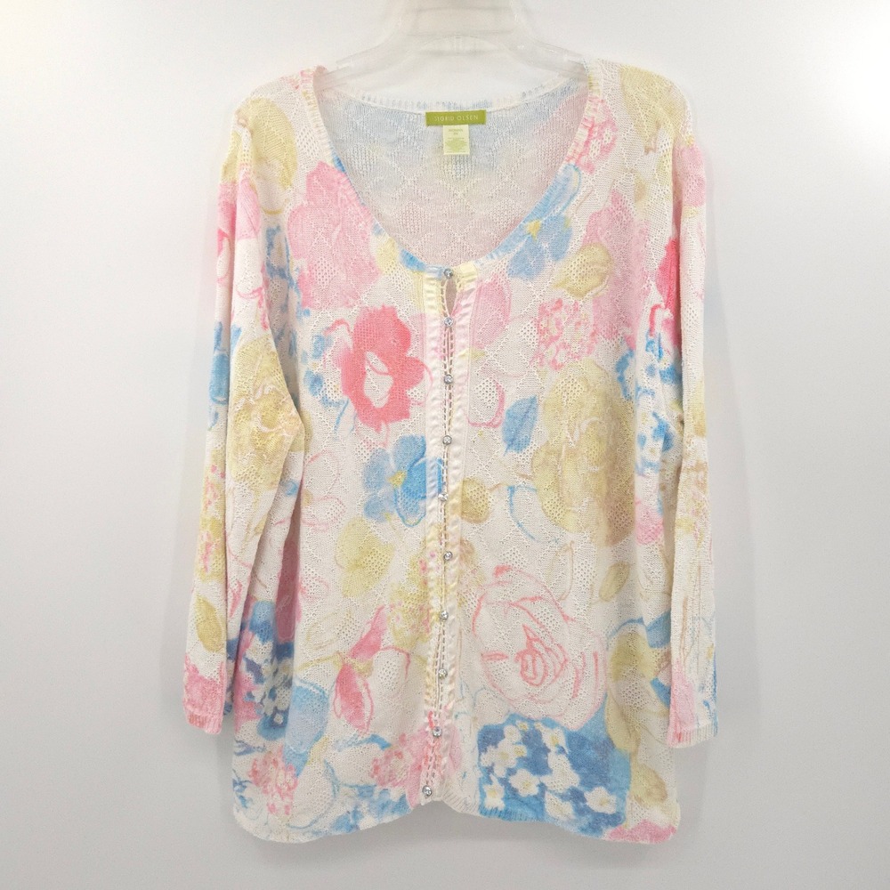 Sigrid Olsen Cardigan Women 2X White Floral Rhinestone Button Pointelle Knit